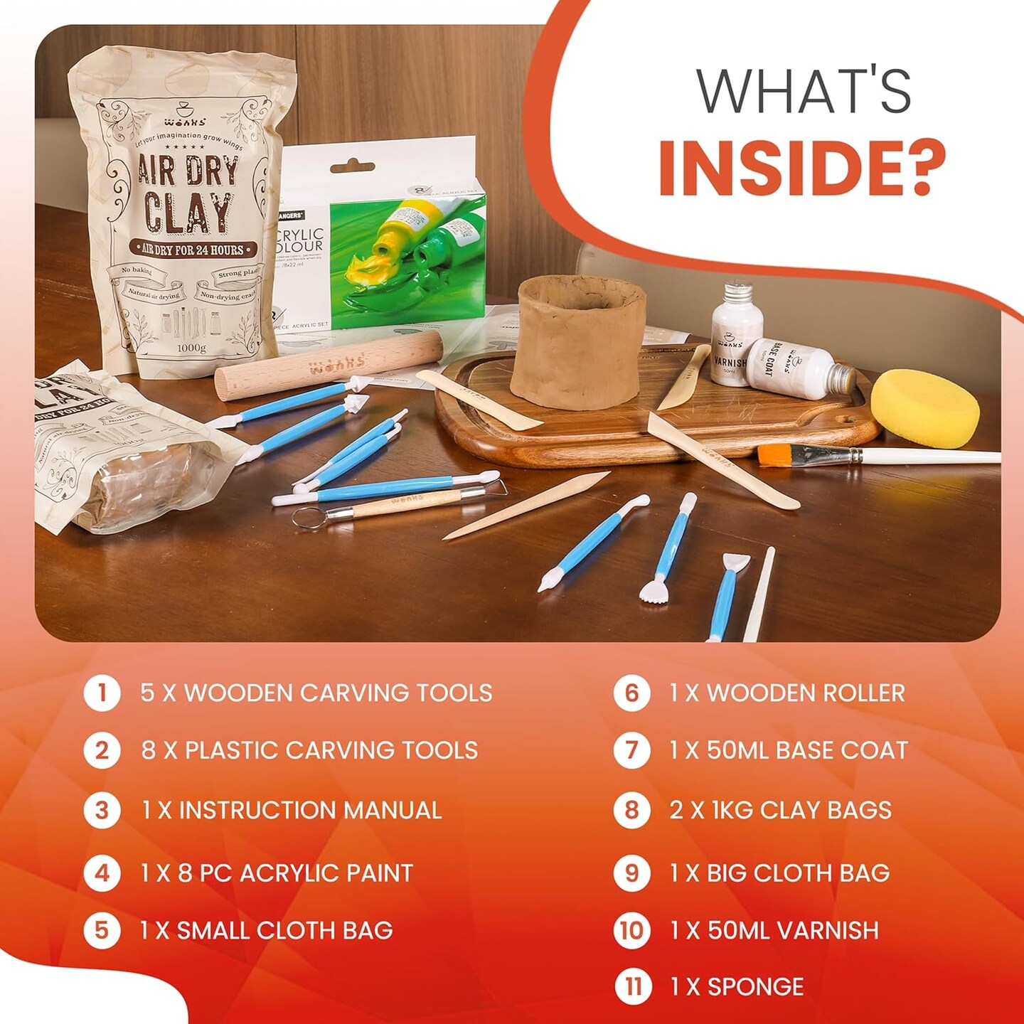 Air Dry Clay Pottery Kit for Adults &#x26; Kids - 30 Piece Kit - Acrylic Paint &#x26; Sculpting Tools Included - Carving Tools, Sponge &#x26; More - A Complete Beginners Pottery Set - 2KGs of Clay Included