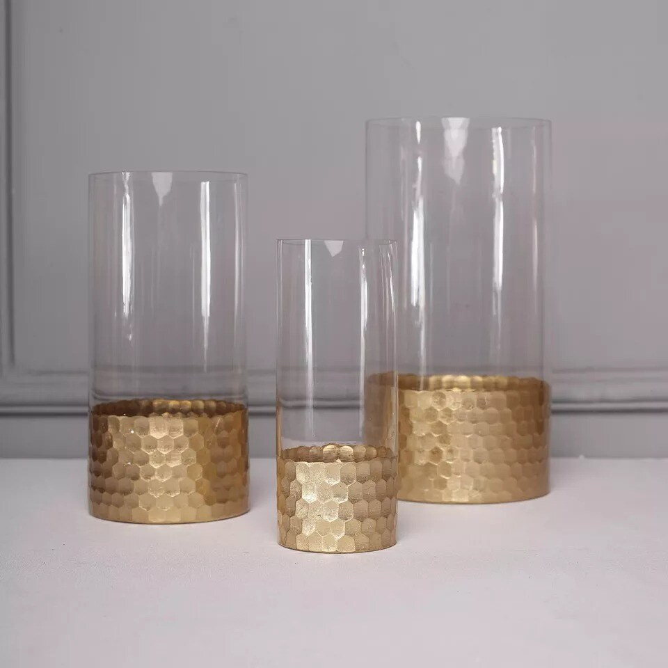 3 pcs 8" 10" 12" Glass Clear with Gold Cylinder Honeycomb Rim Vases Centerpieces