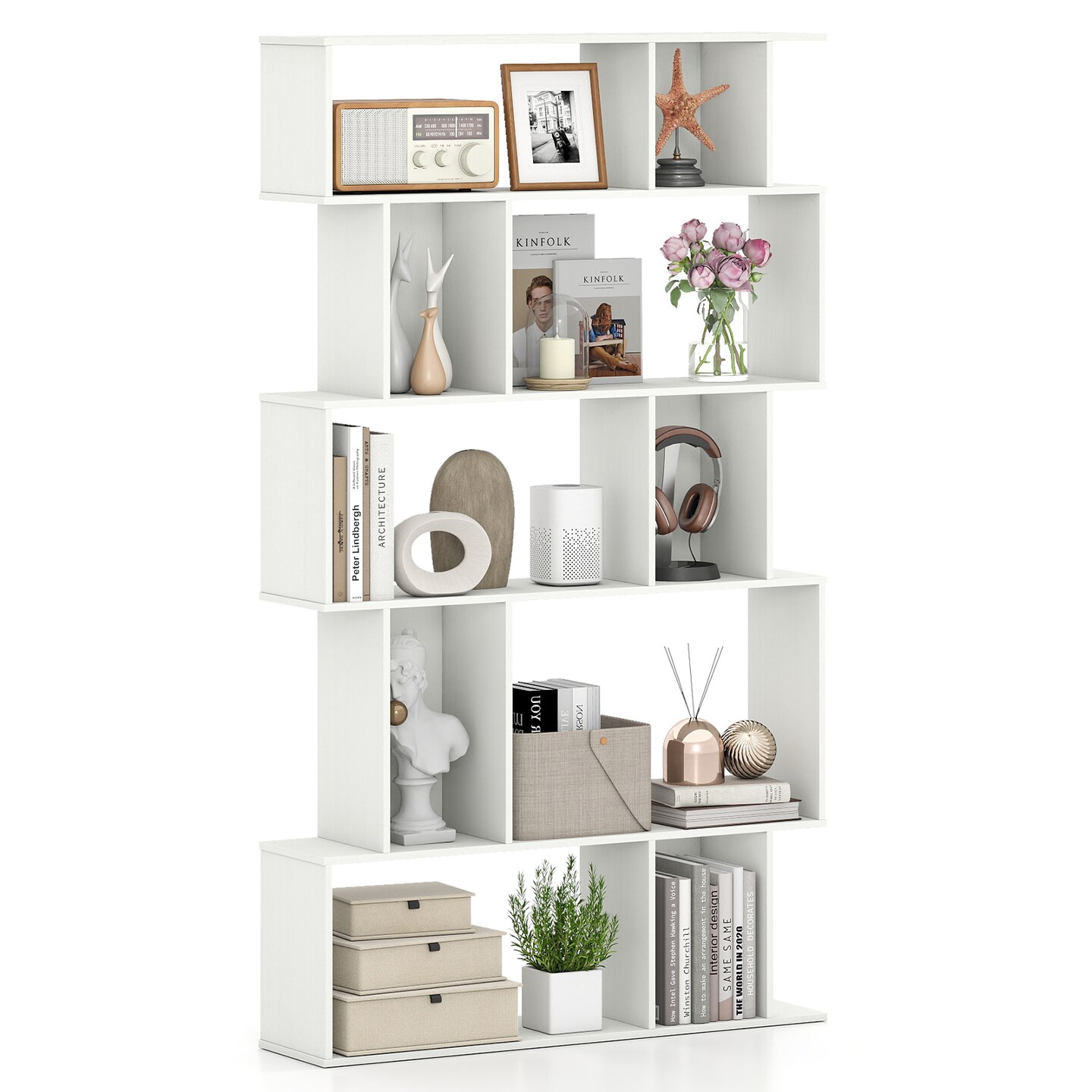 Geometric Bookshelf 5-Tier with Open Shelving and Closed-Back Cubes