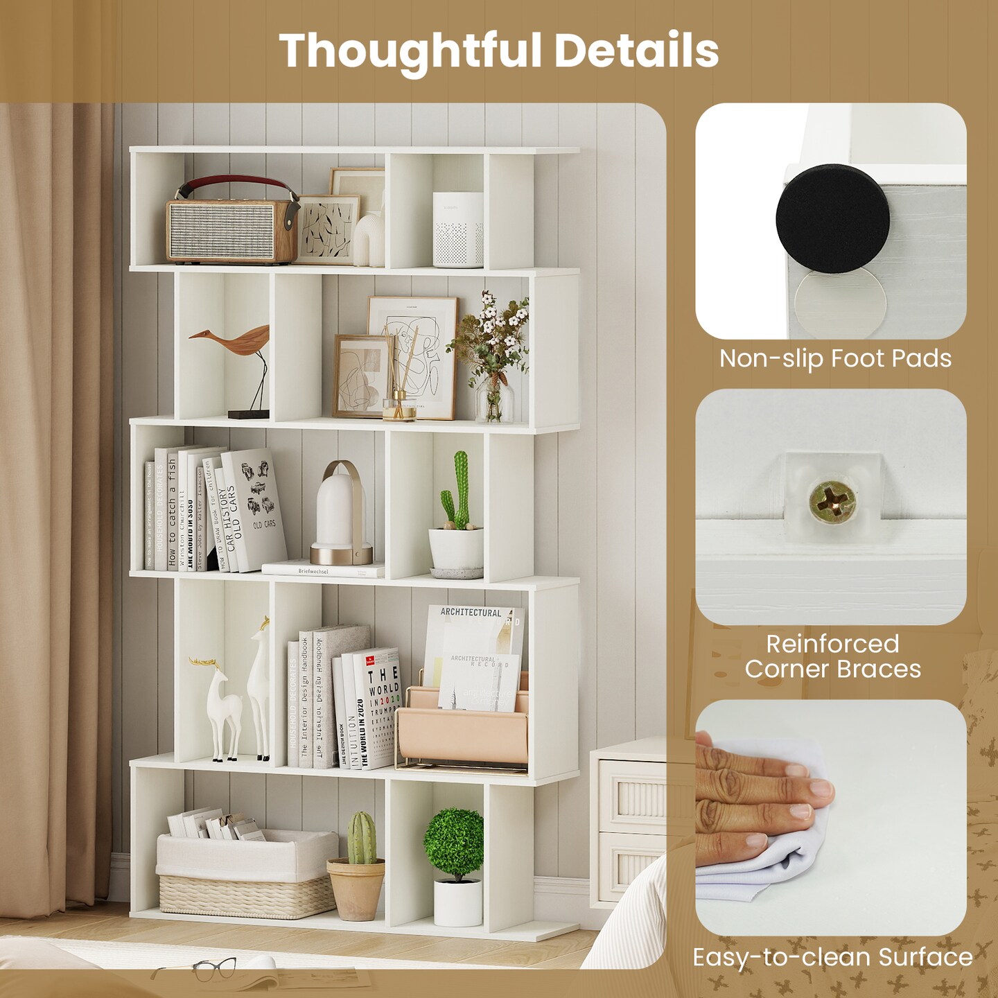 Geometric Bookshelf 5-Tier with Open Shelving and Closed-Back Cubes