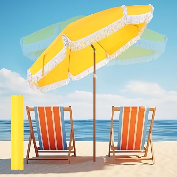 Summer Beach Umbrella with Fringe, Yellow Outdoor Tassel Umbrella with Tilt Button UPF 50+ UV Summer Supply for Outdoor Patio Picnic Beach Garden Lawn Pool