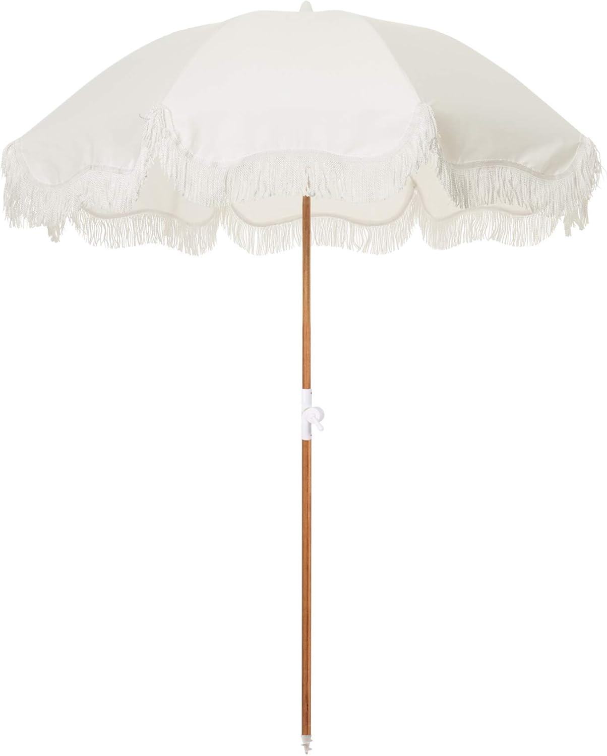 Summer Beach Umbrella with White Fringe, UPF 50+, 1&#x22; Tilting Wood Pole, 5&#x2019; x 6.5&#x2019;, Antique White