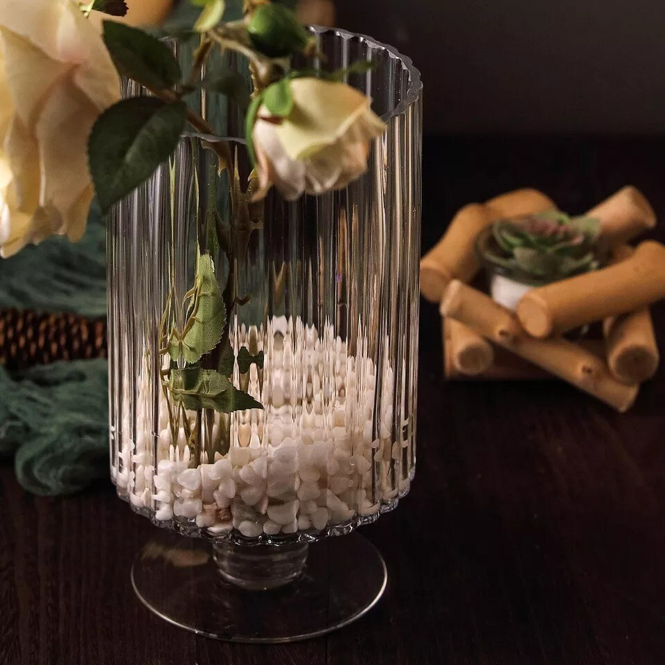2 pcs 9&#x22; Clear Ribbed Pedestal Glass Vases Wedding Home Centerpieces Decorations