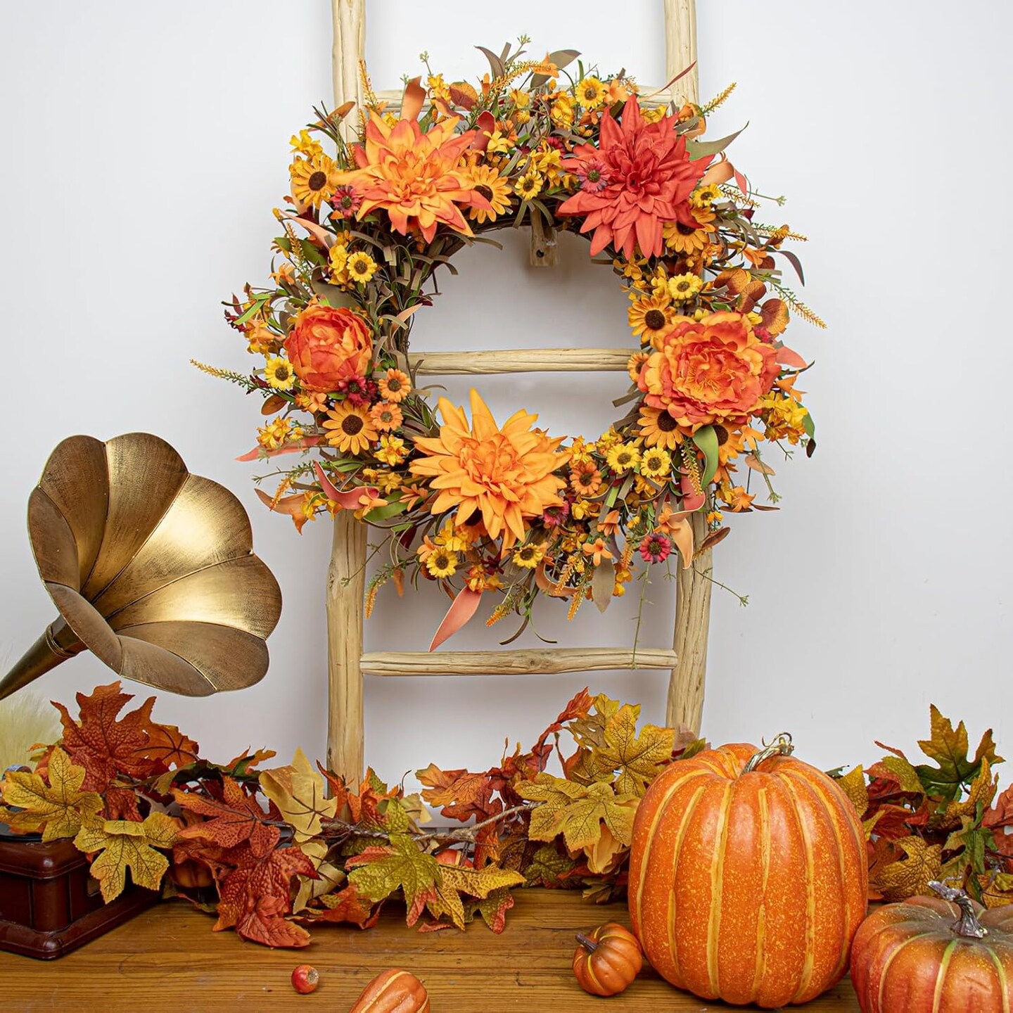 20” Artificial Fall Wreath Autumn Wreaths(Orange)5"D x 20"W x 20"H