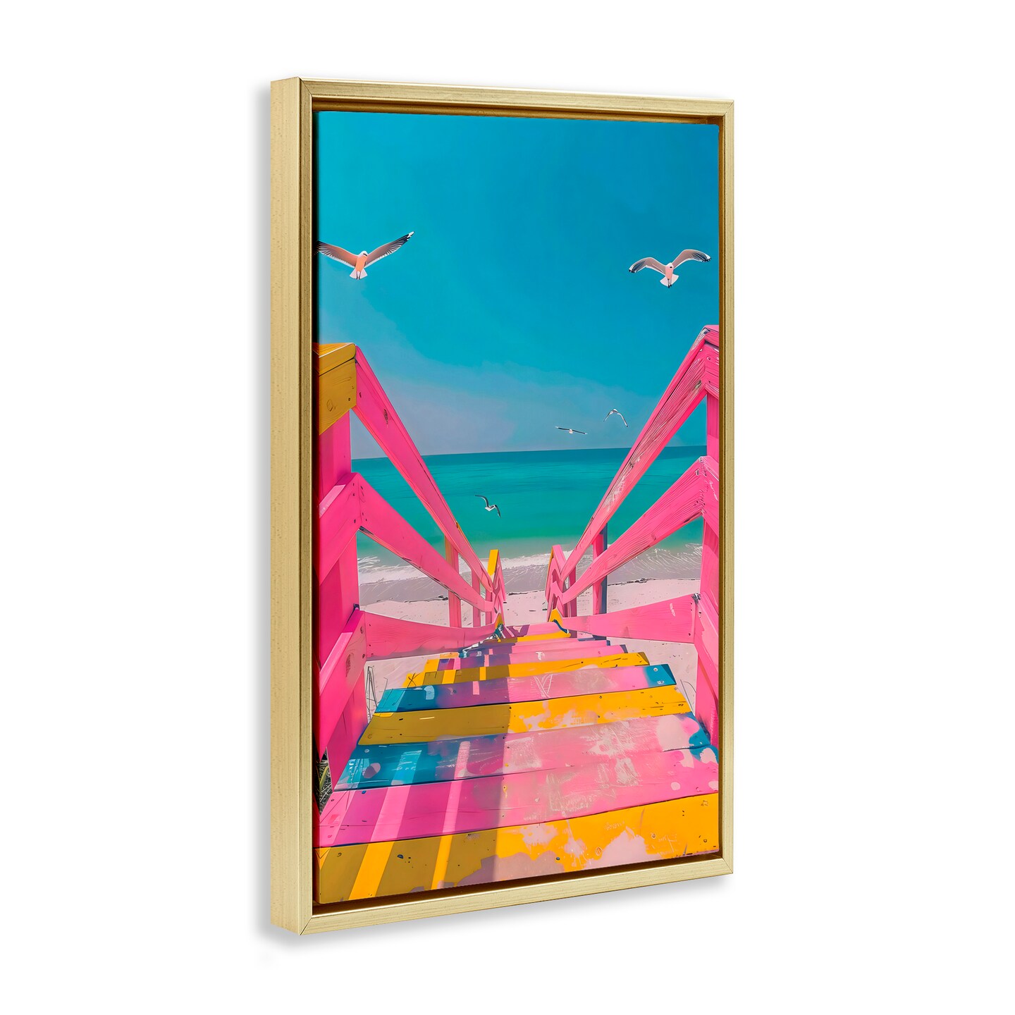 Stupell Industries Retro Pink Beach Stairs Black Framed Floater Canvas Wall Art, design by LSR Design Studio