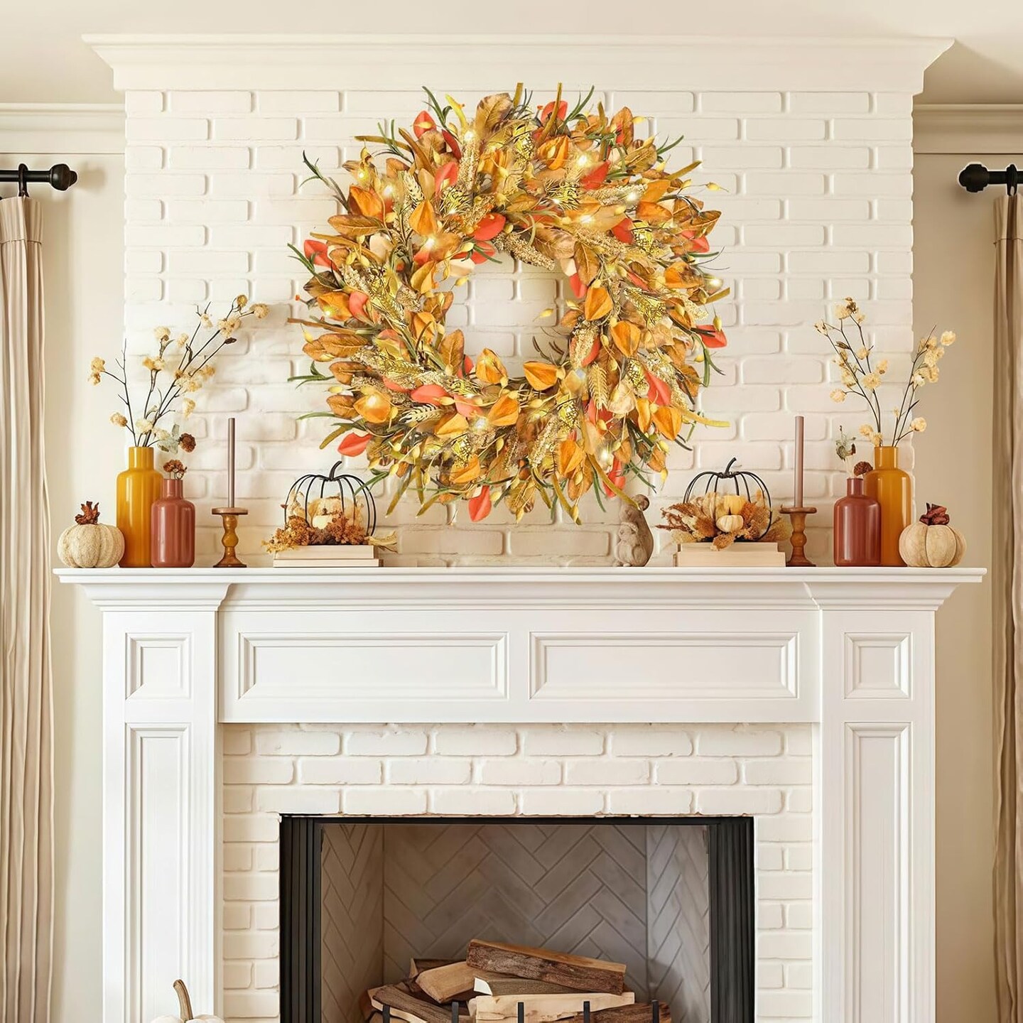 24 Inch Fall Wreaths for Front Door with Lights,(Golden-a)24&#x22;D x 24&#x22;W x 3&#x22;H
