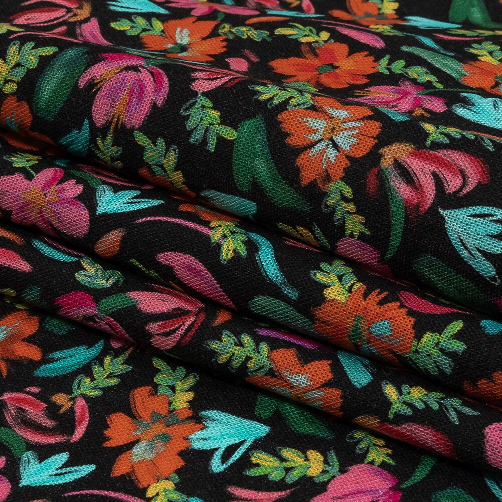 1 Yard Linen and Rayon Woven Pink, Blue, and Black Floral Confetti Fete Print