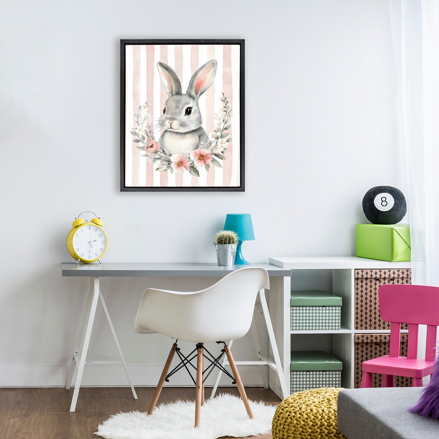 Stupell Industries Pink Striped Nursery Bunny Black Framed Floater Canvas Wall Art, design by Arlington Prints