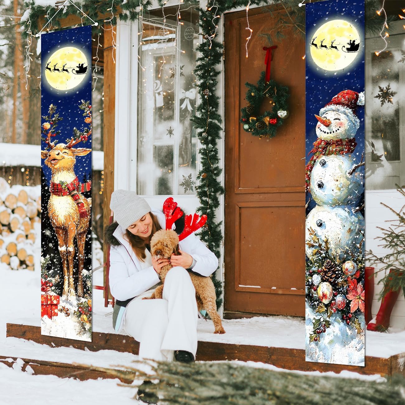 Retro Christmas Decorations Merry Christmas Door Banner(Blue)71"L x 12"W