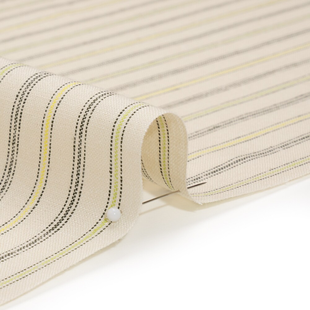 1 Yard Medium Weight Linen Woven Cream Green and Yellow Ticking Stripes Fabric