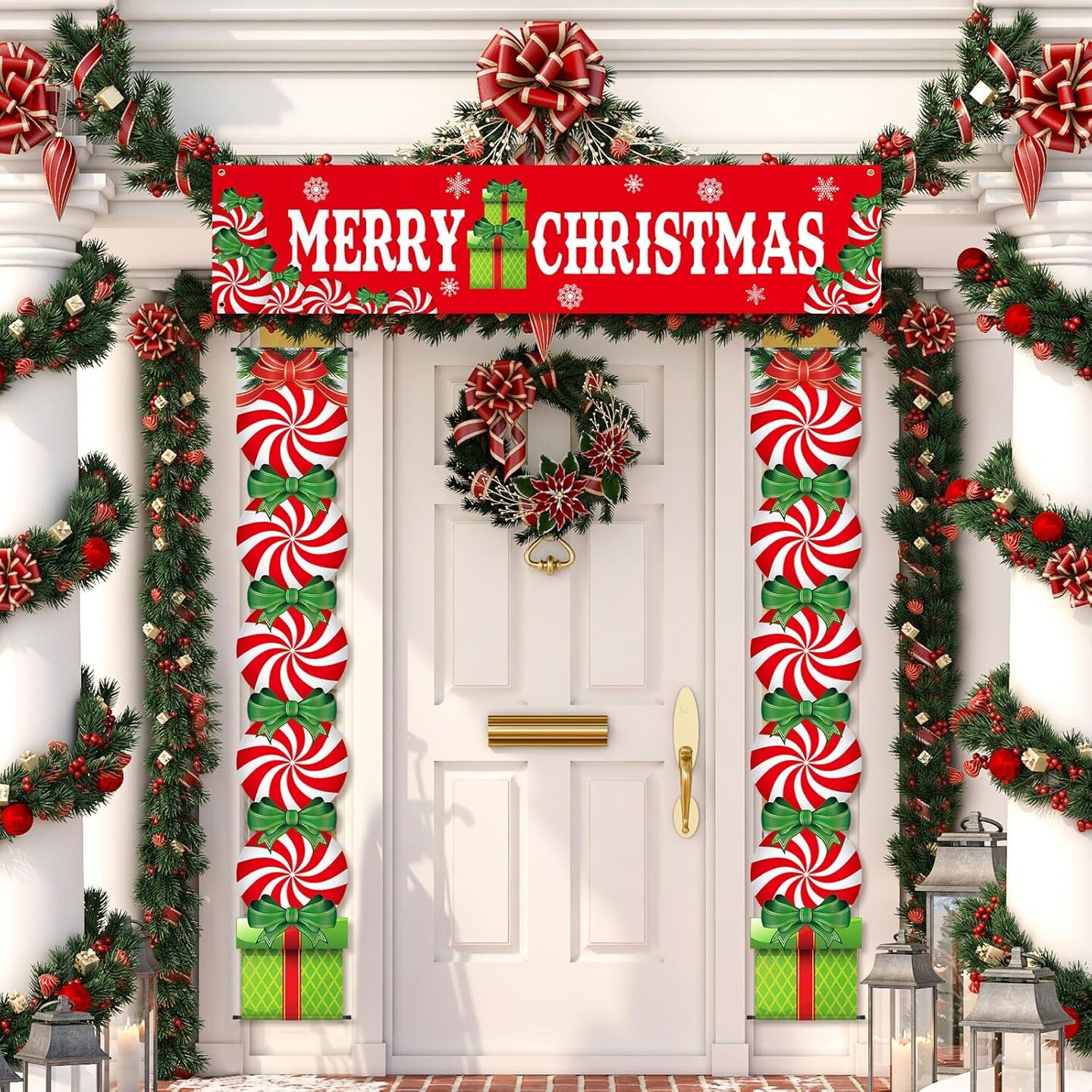 3 Pcs Christmas Decoration Outdoor Porch Sign for Front Yard Hanging Banner,12 x 71 Inch(red green)