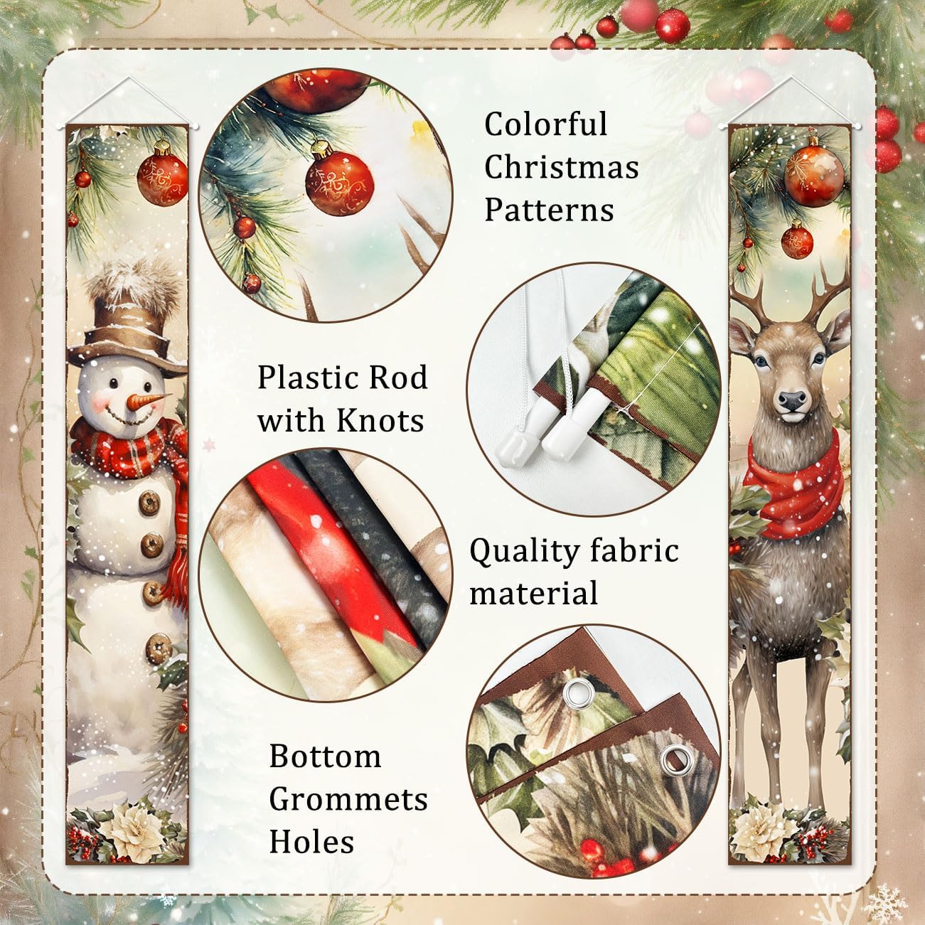 Christmas Porch Sign Banner - Snowman & Deer Decoration - 71"L x 12"W