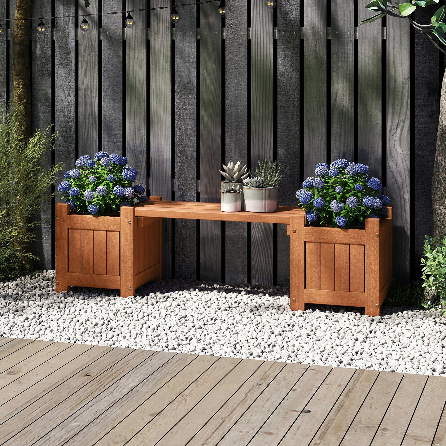 Set of 3 Solid Wood Planter Box with Bench Outdoor Raised Garden Bed for Flowers or Plants