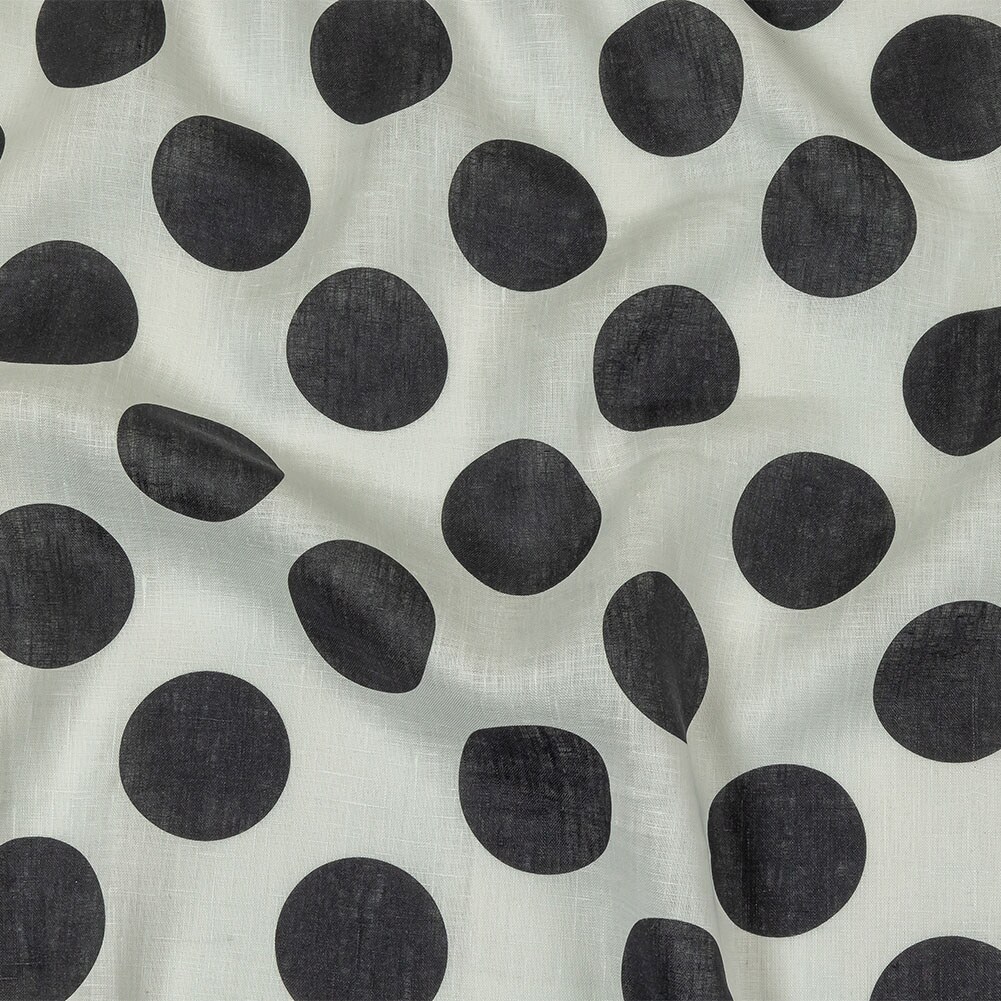 1 Yard Black and White Big Polka Dots Medium Weight Linen Woven Fabric