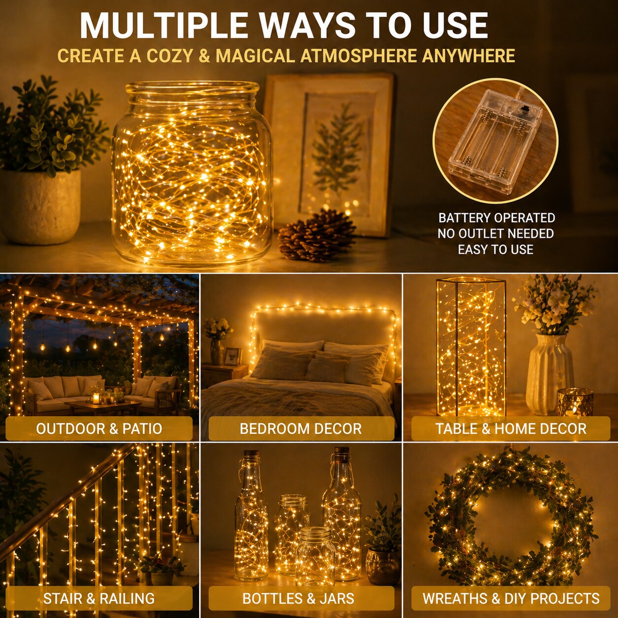 3 pack of 150 LED Warm White Battery Operated Fairy Lights with Timer- Total of 450 LED Lights - Uses 3 AA Batteries Not Included