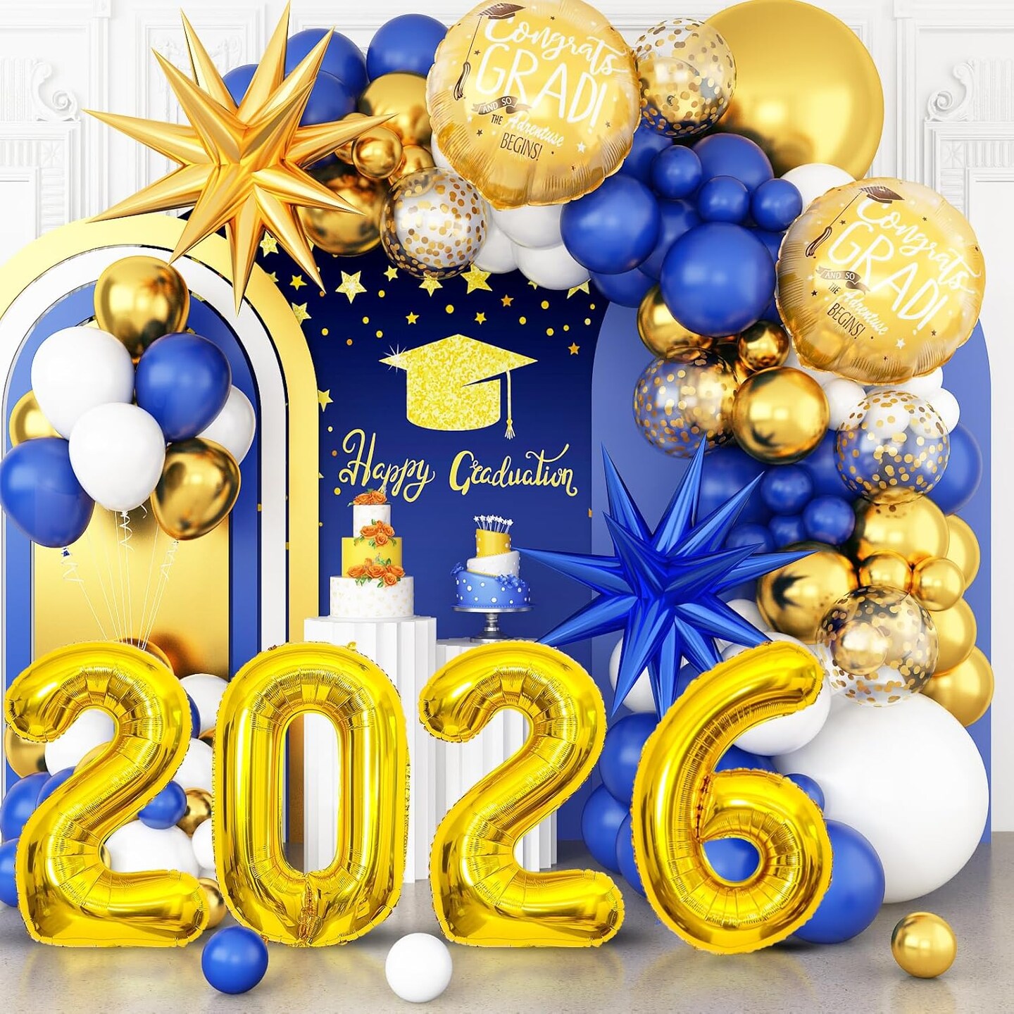Navy Blue and Gold Graduation Balloon Arch Kit 2026 - All-in-One Garland with 32" Gold 2026 Foil Numbers, Star & Grad Hat Balloons - 100Pcs Class of 2026 Party Decorations for College and High School