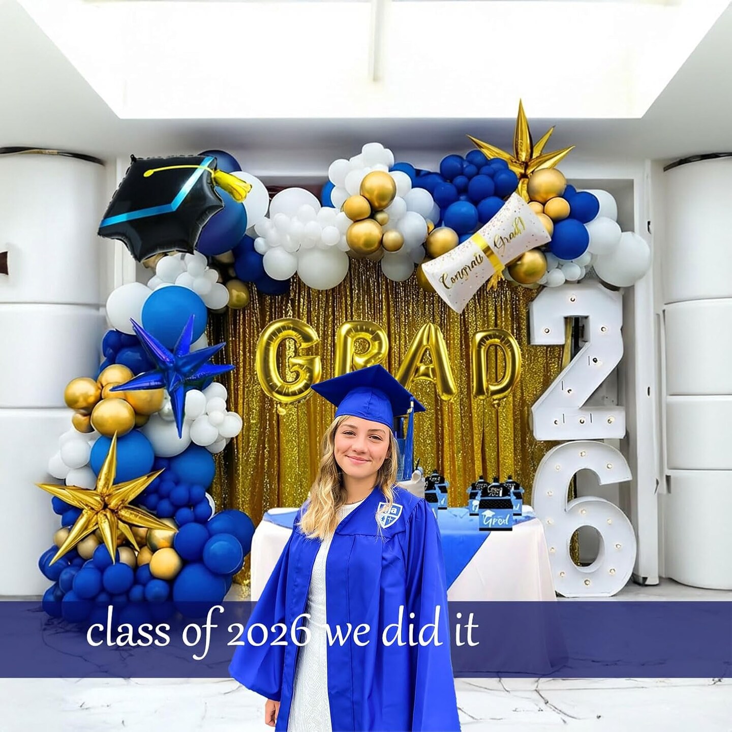 138Pcs Royal Blue and Gold Graduation Balloon Arch Kit - Class of 2026 Garland with GRAD Foil Letters, Cap & Diploma Balloons - Professional Party Supplies for College, High School & Prom