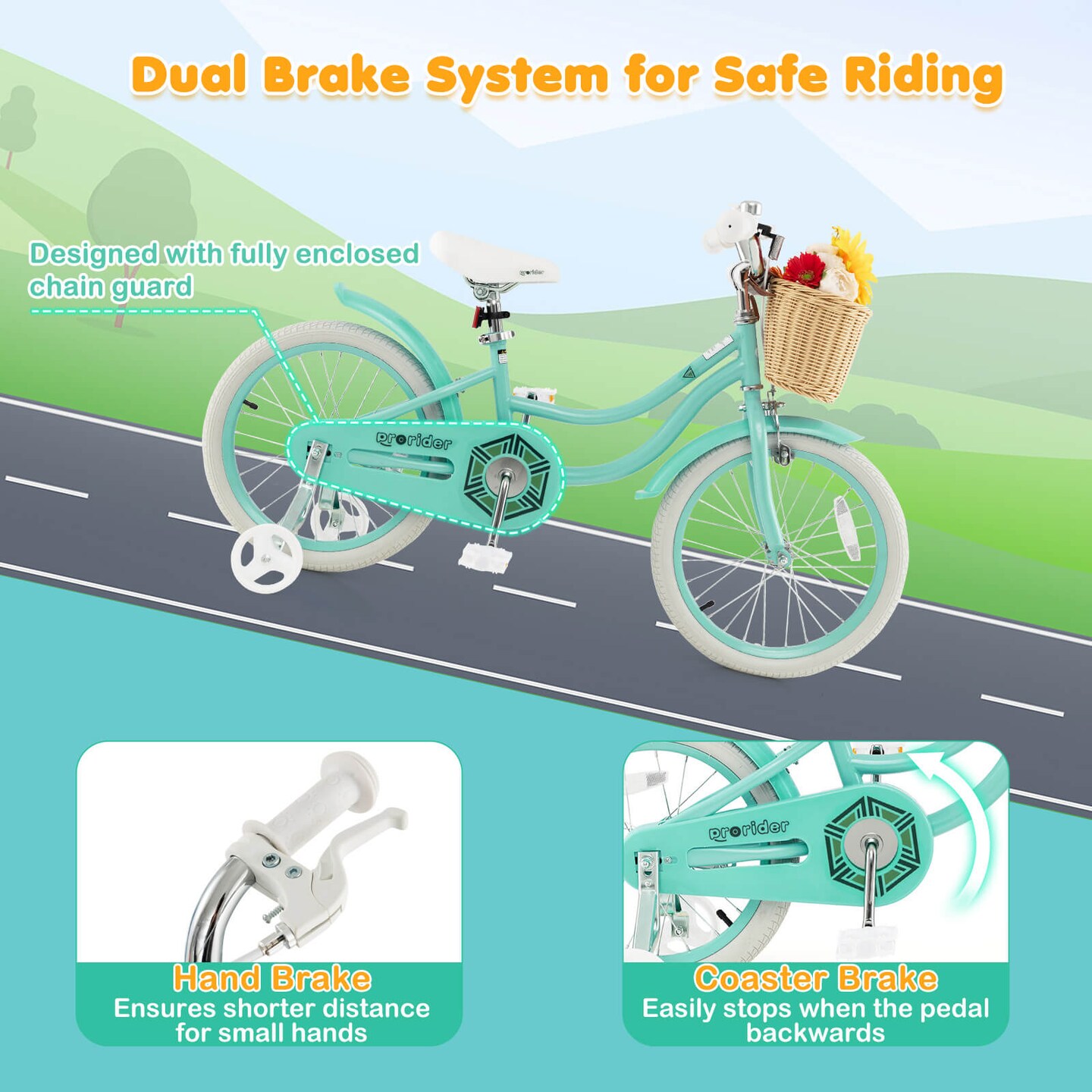 Costway 16" Kid’s Bike with Training Wheels Adjustable Handlebar Seat Handbrake Blue/Green/Pink