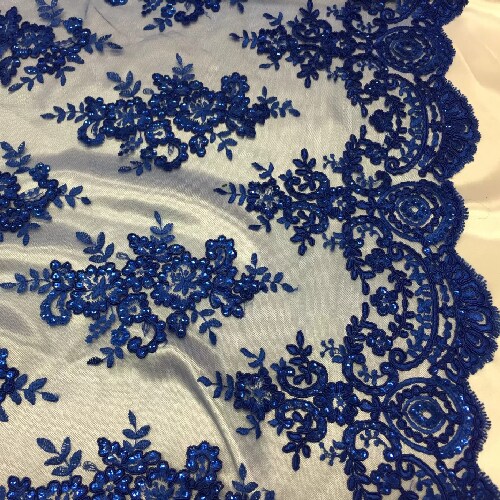 1 Yard Royal Blue Sequin Lace Fabric Embroidered Mesh for Evening Gowns Bridal Wear 51&#x22; Width