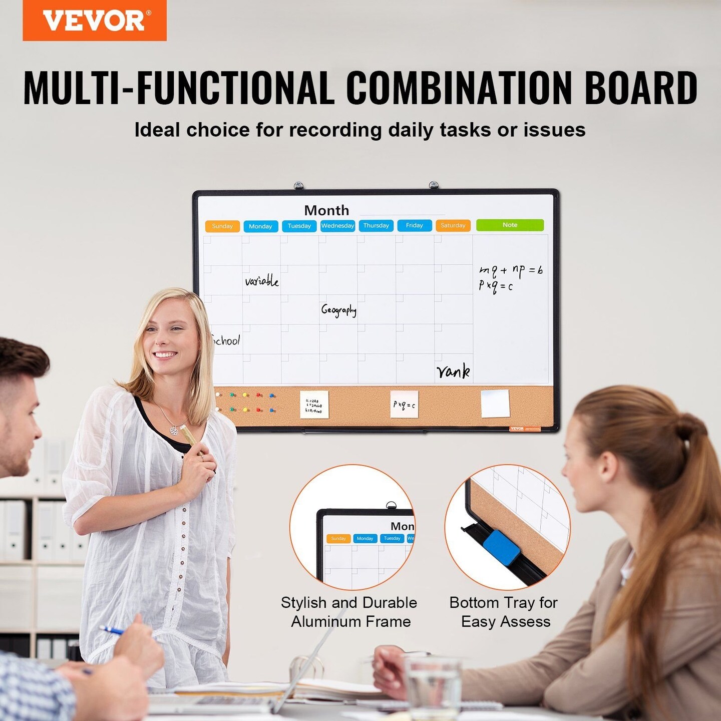 VEVOR-36" x 24"-White-Multi-Functional Calendar and Cork Board Combo-1 Piece