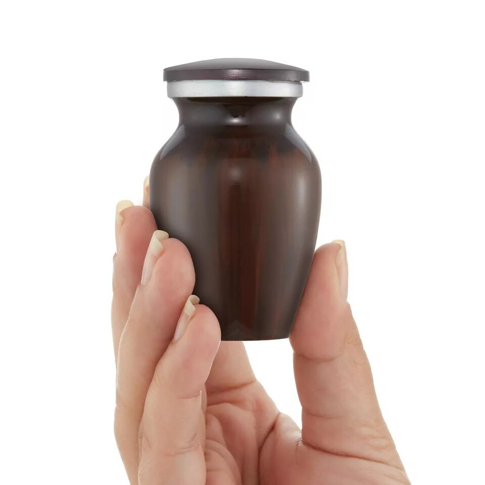 Small Mini Keepsake Cremation Urn for Human Ashes, Brown with Velvet Case