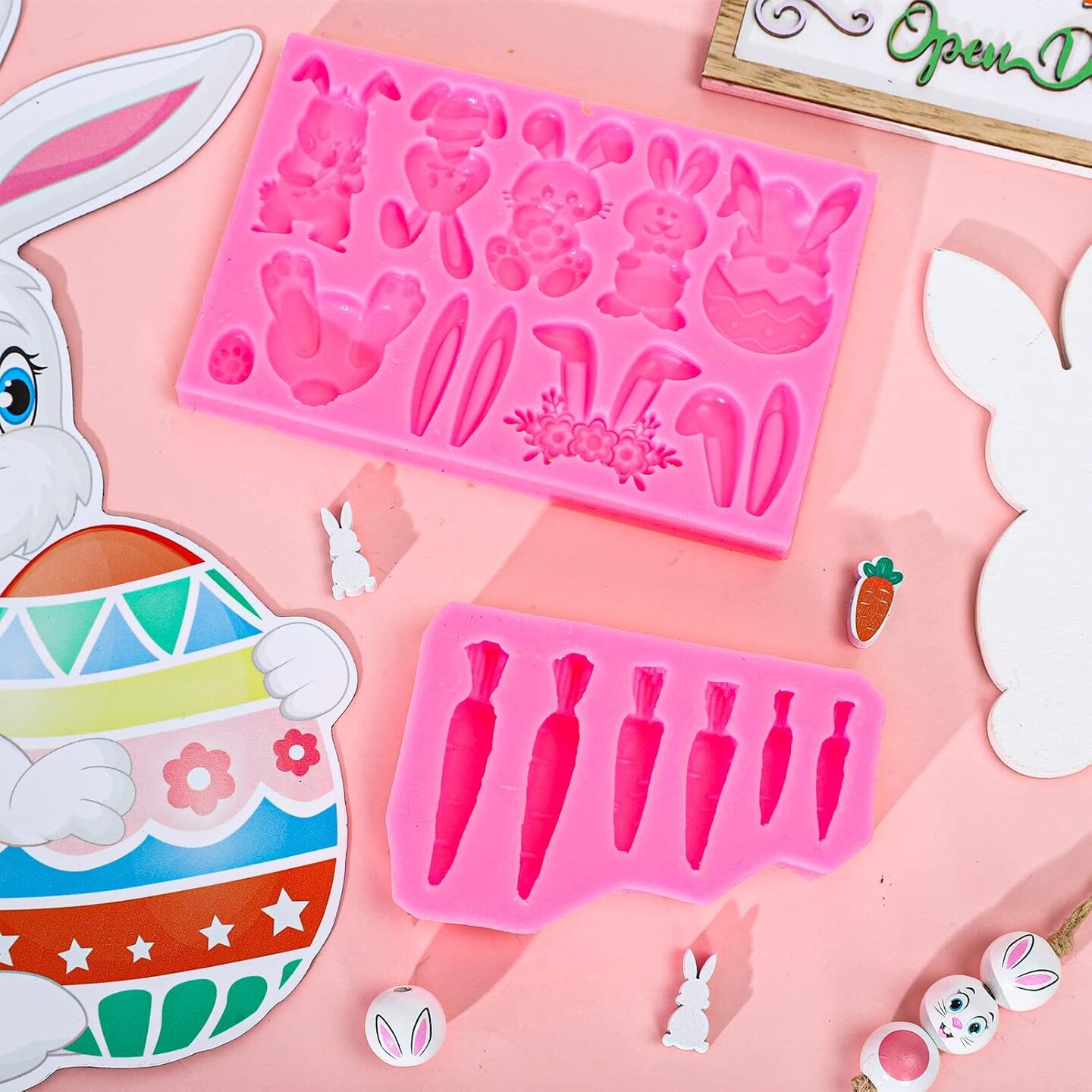 2Pcs Easter Fondant Molds Cute Bunny Pattern 3D Silicone Moulds Assorted Rabbit Carrots Flowers Resin Molds Easter Cupcake Cookie Baking Decorating Moulds for Spring Holiday Party DIY Candy
