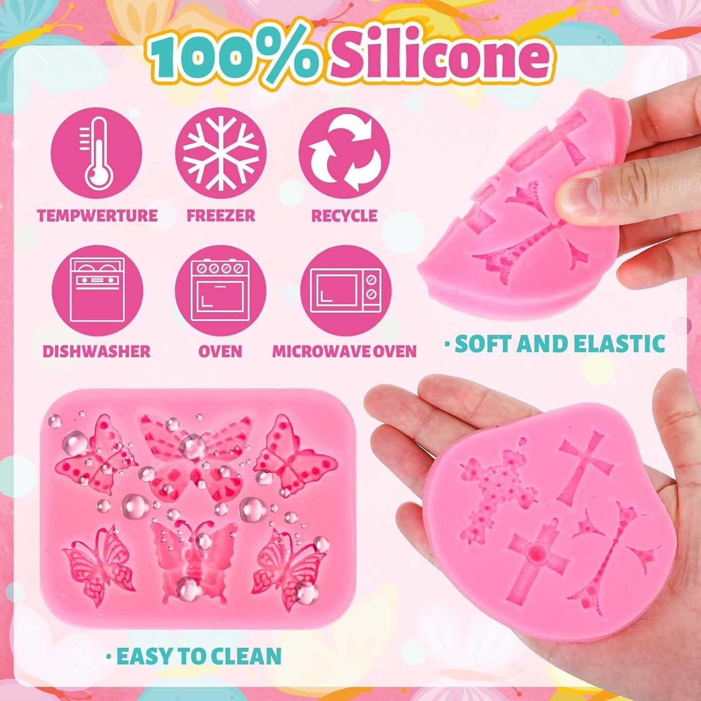 4Pcs Easter Fondant Molds Egg Bunny Rabbit Cross Butterfly Flower Floral Silicone Mold Assorted Chocolate Candy Mould for Spring Birthday Party Baking Sugar Craft Gum Resin Clay