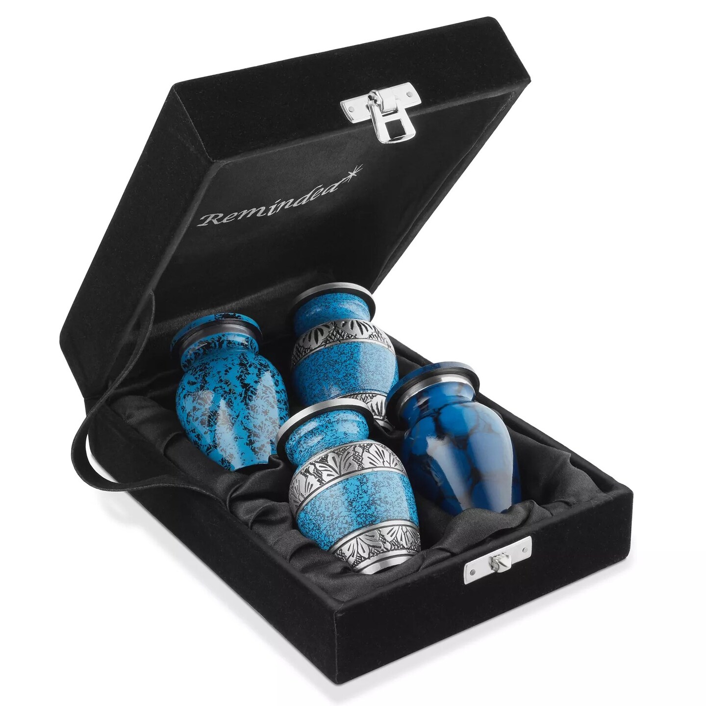 Small Keepsake Cremation Urns for Human Ashes, Set of 4 Blue and Silver w Case