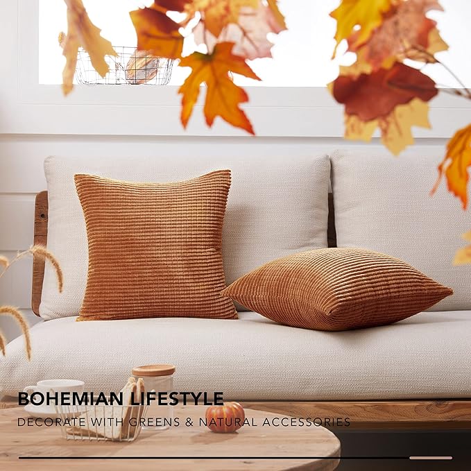 Corduroy Throw Pillow Covers, Soft & Decorative Cushion Covers, Machine Washable, Set of 2 for Sofa, Couch, Bedroom & Living Room, Orange, 22x22 Inch