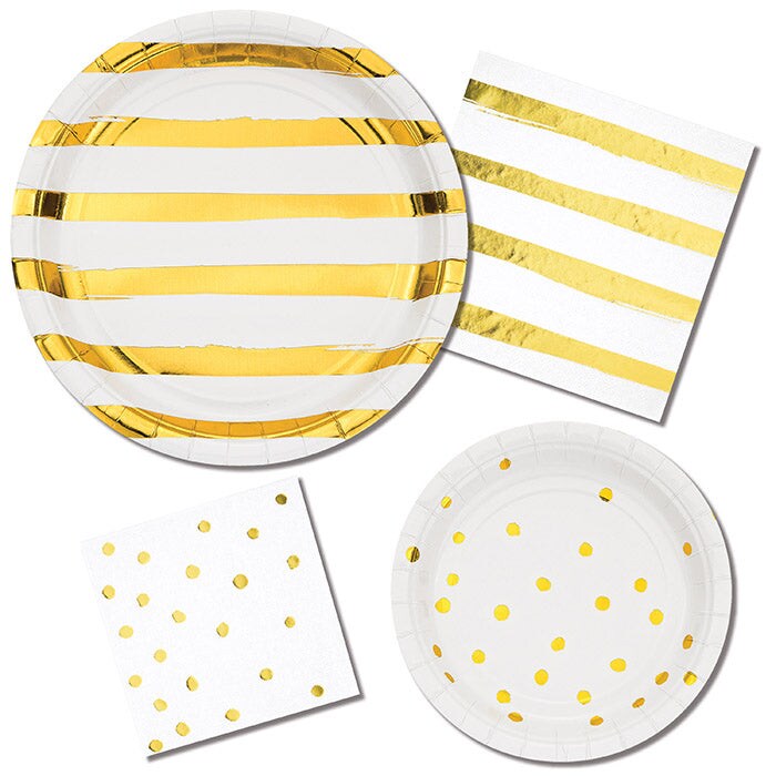 White &#x26; Gold Foil Striped Paper Plates (8/Pkg)