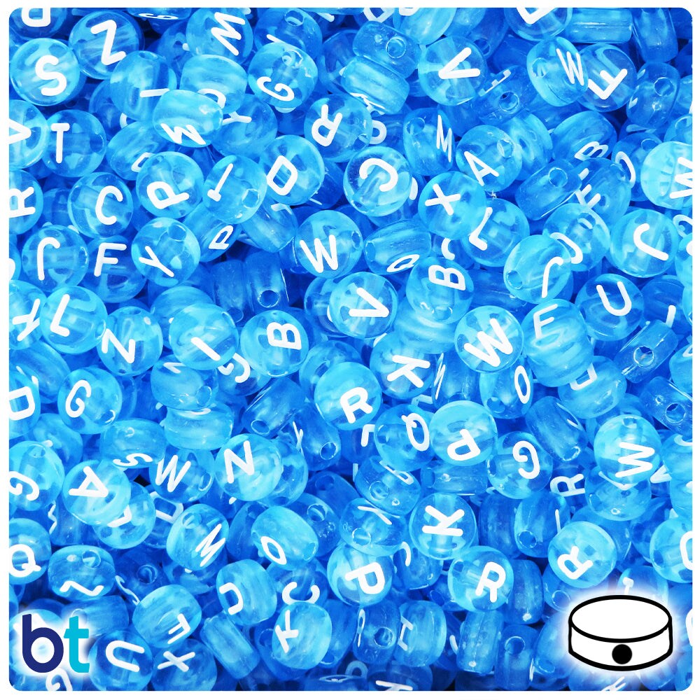 BeadTin Light Blue Transparent 7mm Coin Plastic Alpha Beads - White Letter Mix (250pcs)