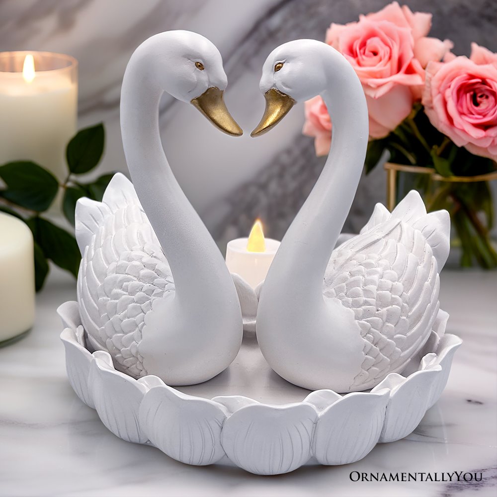 Elegance in Union Swan Figurine and Tealight Candle, 7&#x22; Romantic Couples Gift for Valentine or Anniversary