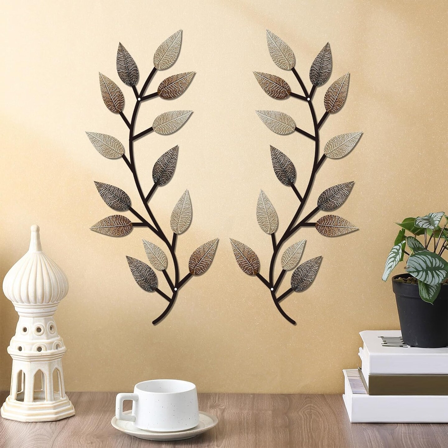 2 Pieces Metal Tree Leaf Wall Decor Vine Olive Branch Leaf Wall Art Living Room, Hallway Wall Decor Outdoor Decoration(Vintage Brown)