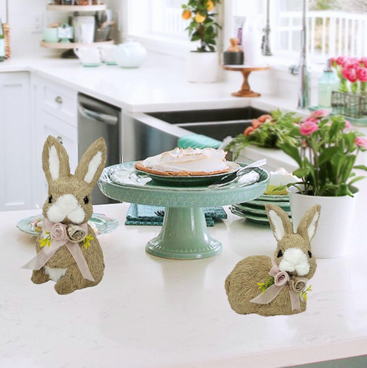 10 Inches Sisal Bunny Easter Decor,Set of 2 Easter Bunny w Spring Decor Bow as Easter Decorations