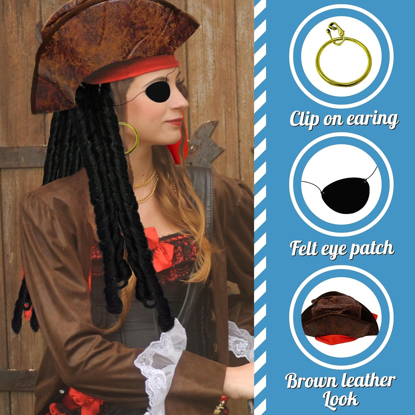 4E&#x27;s Novelty Eye Patch, Pirate Hat with Dreadlocks Hair &#x26; Red Bandana (3 Pcs Set) - Pirate Accessories for Costume, Cosplay &#x26; Birthday Party Decors