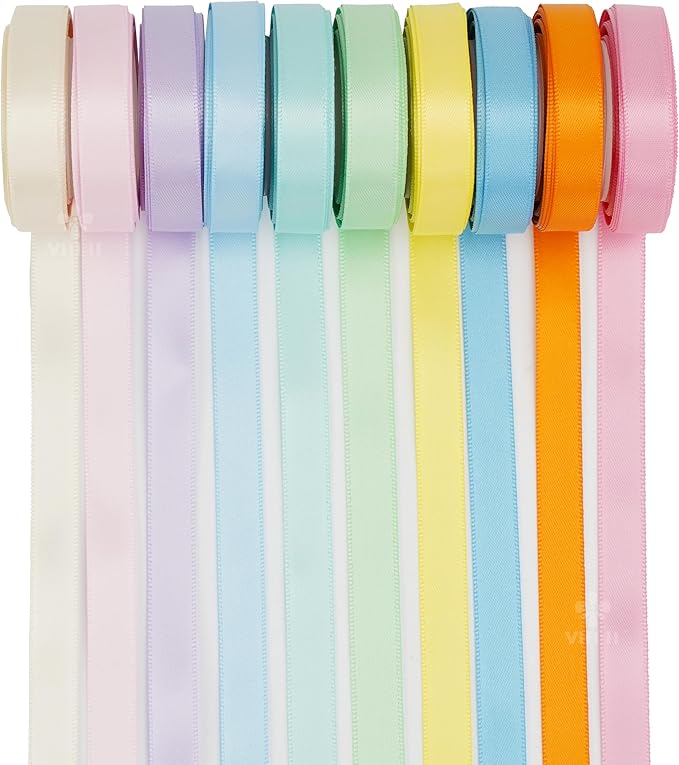 Pastel Rainbow Satin Ribbon Set – 3/8" x 50 Yards, Colorful Assorted Ribbons for Crafts, Gift Wrapping, Party Decorations, DIY Projects, and Handmade Hair Bows