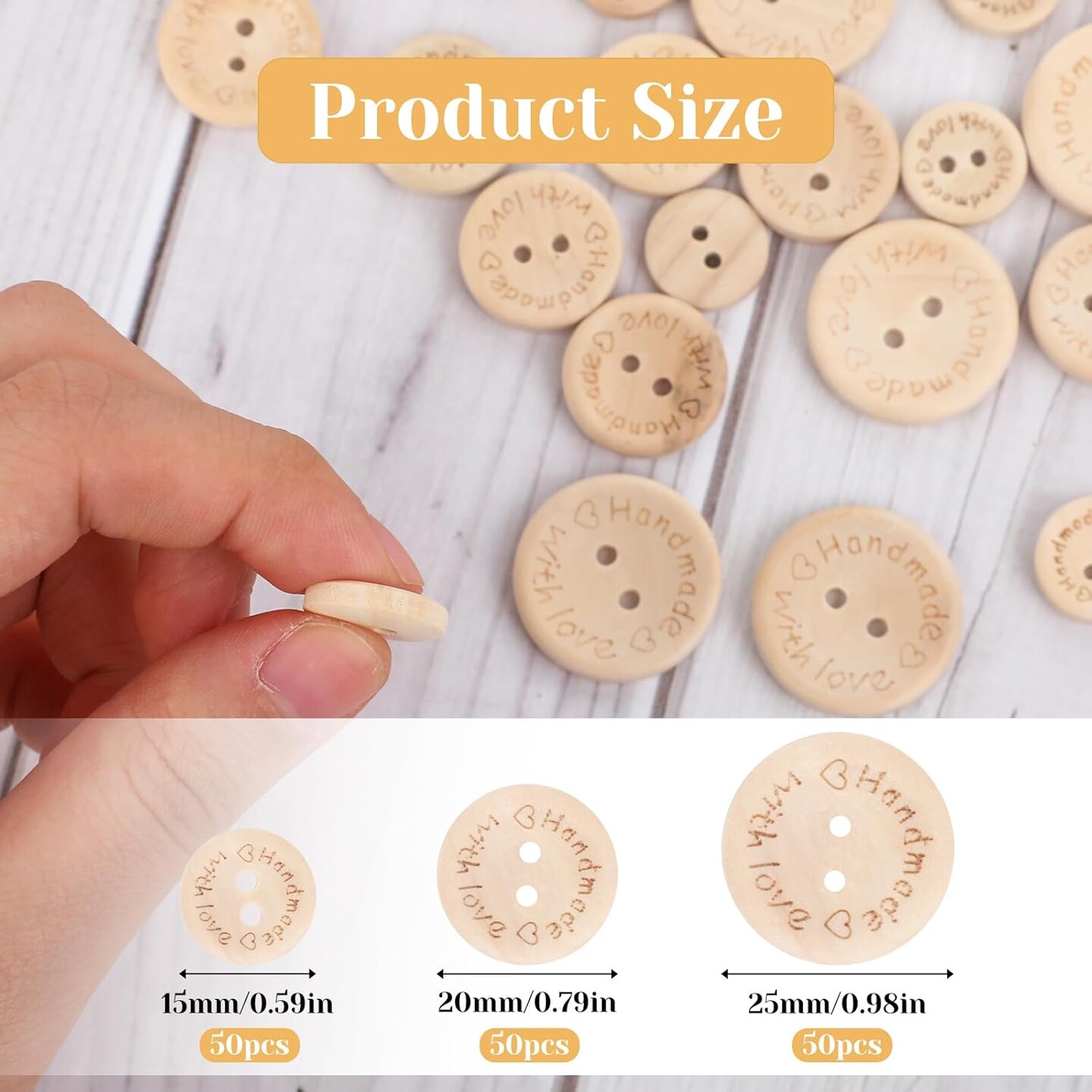 150 PCS Wooden Handmade Buttons, 2 Holes Sewing Buttons with Love