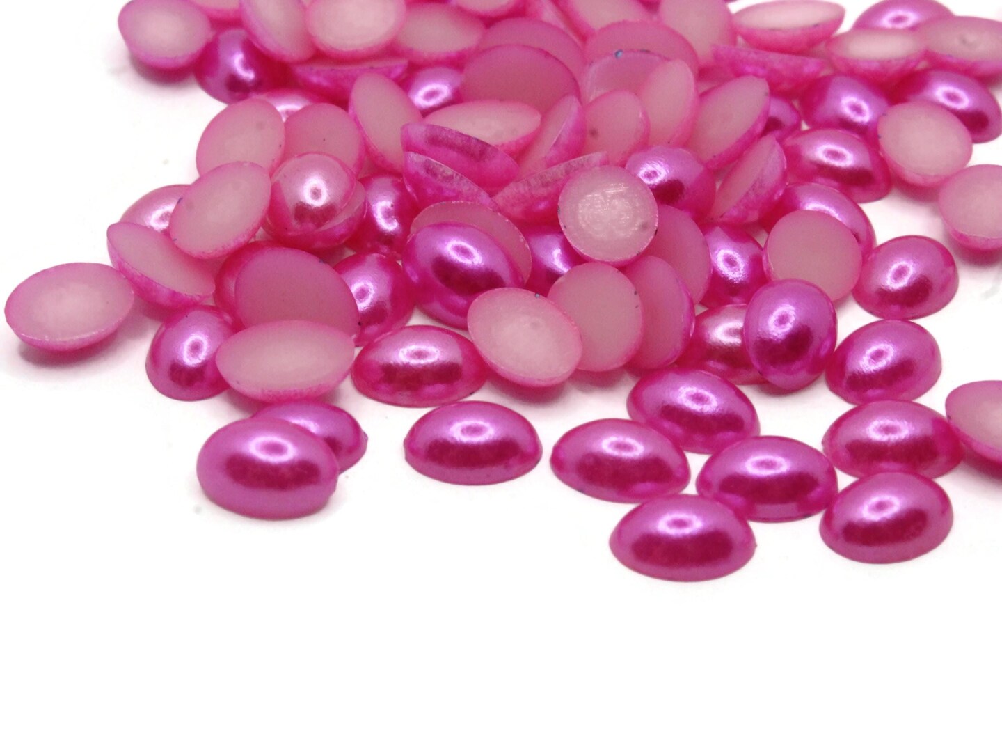 100 8mm x 6mm Bright Pink Pearl Plastic Flatback Oval Cabochons