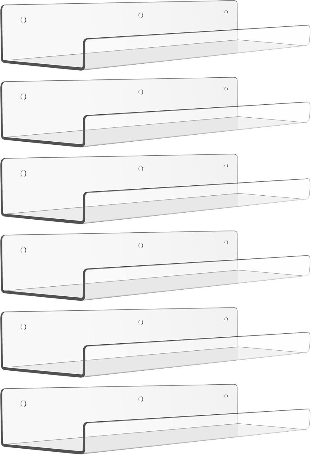 6 Pack Acrylic Shelves for Wall Storage, 15&#x22; x 4&#x201C; Floating Bookshelves for Kids, Display Shelf Organizer for Bathroom, Bedroom, Living Room, Kitchen, Room Decor, Clear
