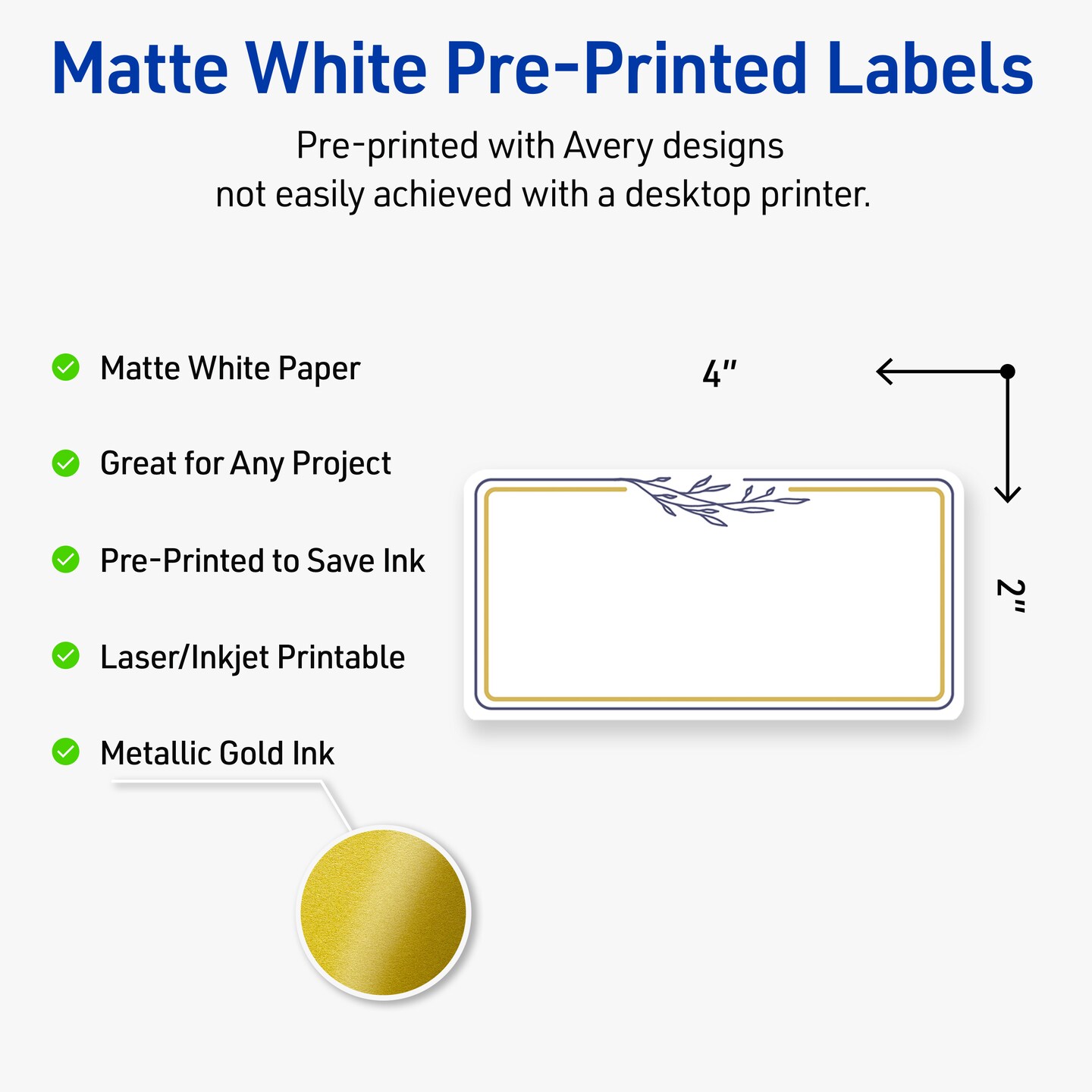 Avery Printable Rectangle Labels, Gold &#x26; Navy Border with Florals, 2&#x22; x 4&#x22;, Matte White Rectangle Labels, Permanent, Laser/Inkjet, 100ct, Great for Product Labels