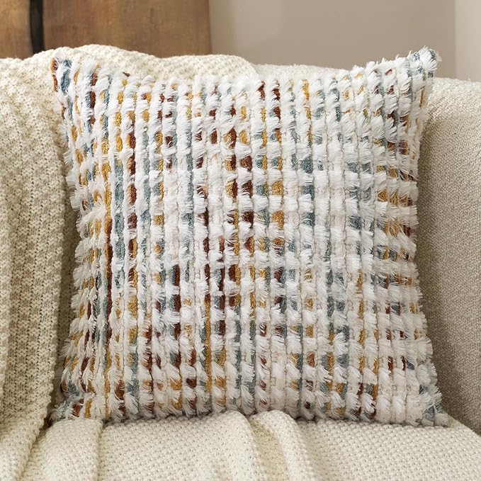 Boho Chenille Tufted Pillow Cover 18x18 Inch, Decorative Square Throw Pillow Cover Neutral Pillowcase for Couch Bedroom Living Room, Orange White