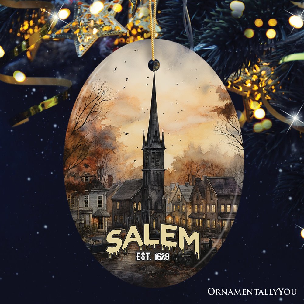 Mysterious Salem Watercolor Fall Art Ornament, Massachusetts Souvenir and Gift