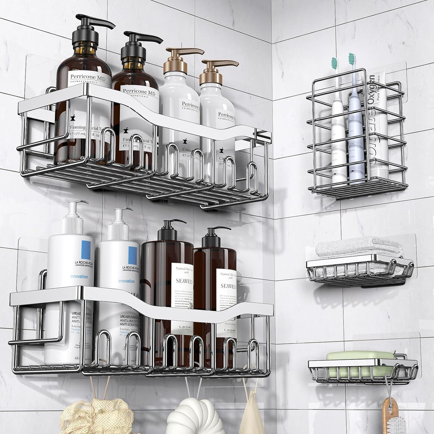 Shower Caddy 5 Pack,Adhesive Shower Organizer for Bathroom Storage&#x26;Home Decor&#x26;Kitchen,No Drilling,Large Capacity,Rustproof Stainless Steel Bathroom Organizer,Shower Shelves for Inside Shower-Larger