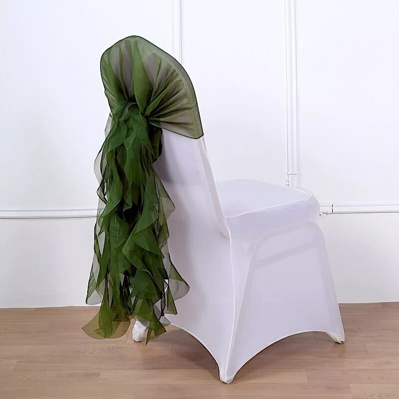 Olive Green Premium Curly Chiffon CHAIRS Covers Cap SASHES Bows Ties Home