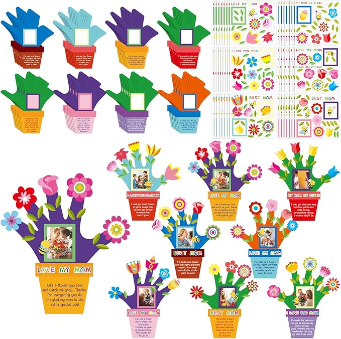 96 Pcs Spring Hand Picture Frame Crafts DIY Handprint Flower Pot Hand Keepsake Picture Frame Craft Gifts with Flower Stickers for Spring Mother&#x27;s Day Party Home Activities