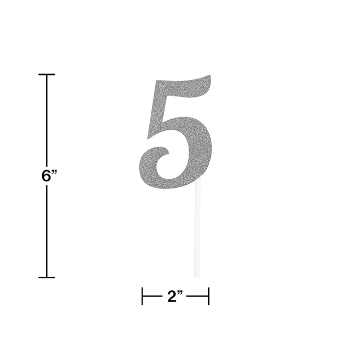 Bulk Pack of 2 Number 5 Silver Glitter Cake Toppers