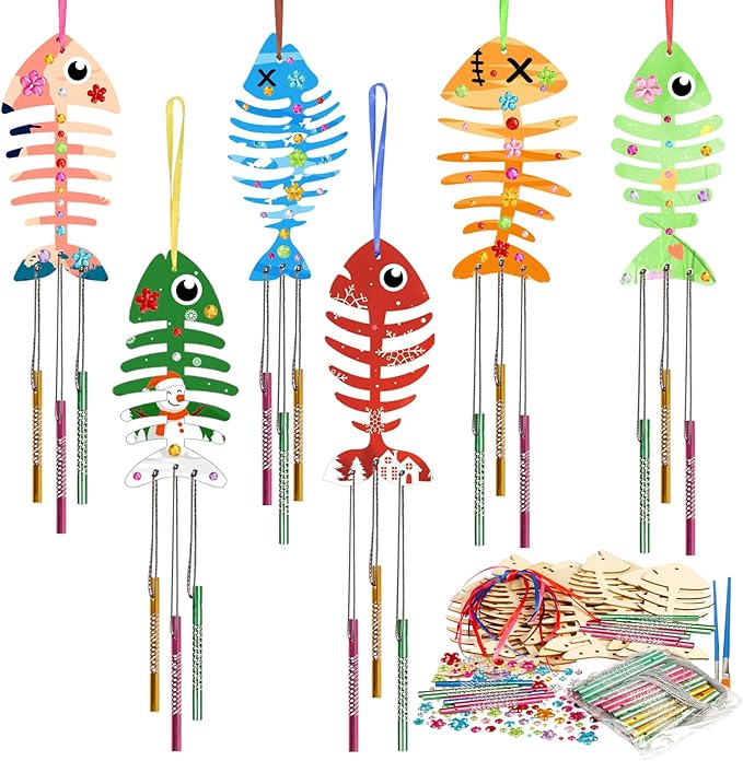 30 Pack Wind Chime Kit Make Your Own Fish Wind Chime Wooden Arts and Crafts for Girls Boys Ornaments DIY Coloring Spring Craft for Birthday Winter Decoration