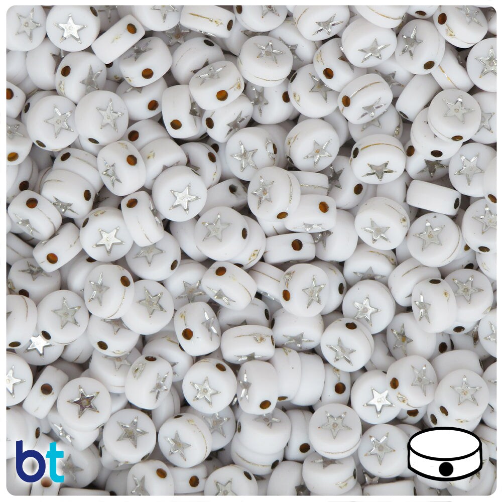 BeadTin White Opaque 7mm Coin Plastic Alpha Beads - Silver Stars (250pcs)