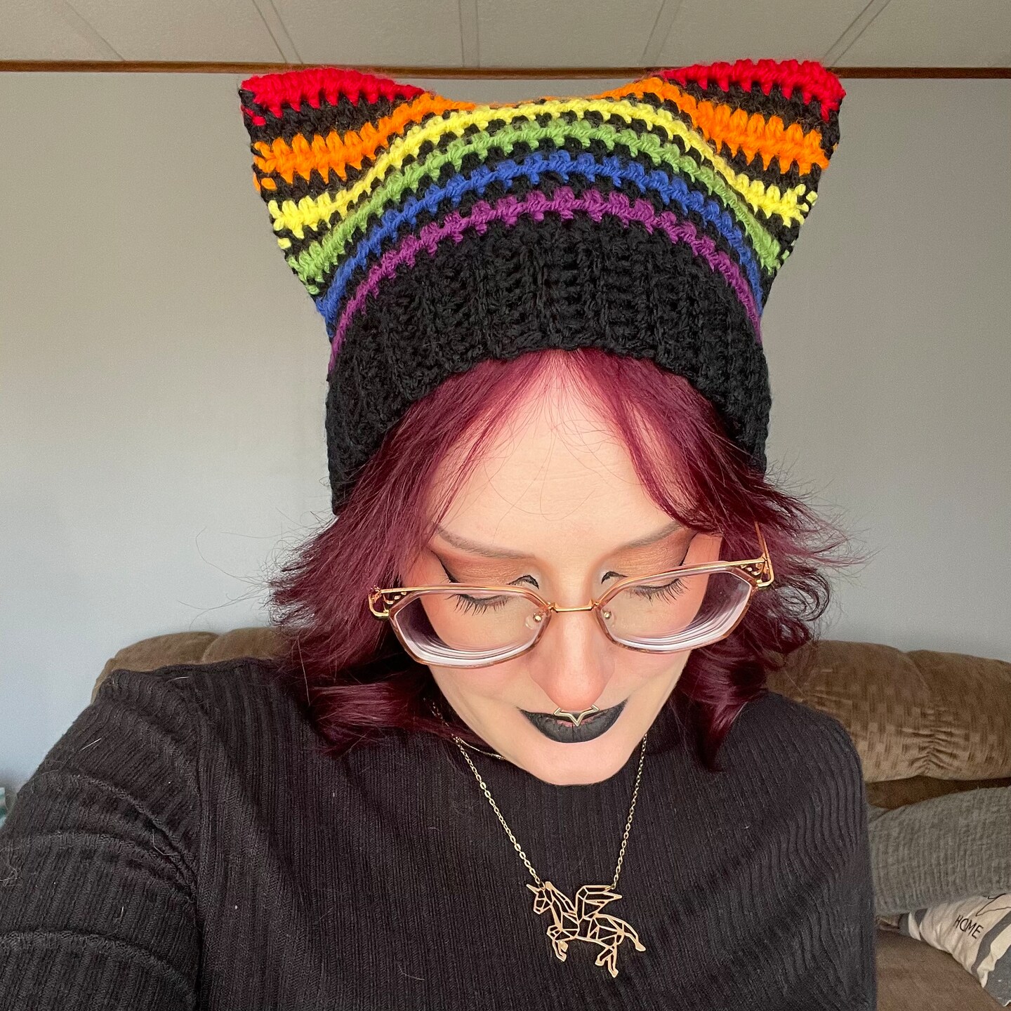Striped Cat Ear Beanies Cat Beanie, Crochet Cat Beanie, Black And