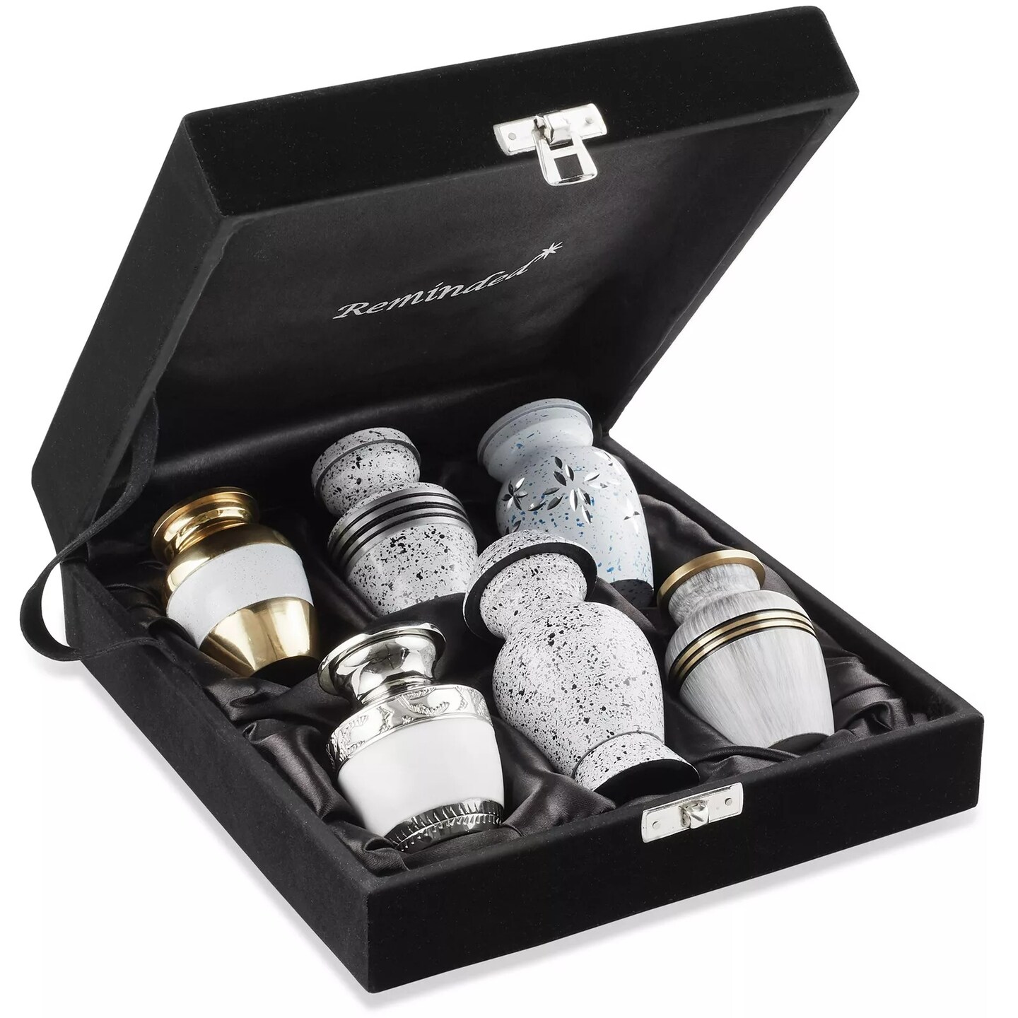 Mini Keepsake Cremation Urns for Human Ashes, Set of 6 Silver and Gold with Case